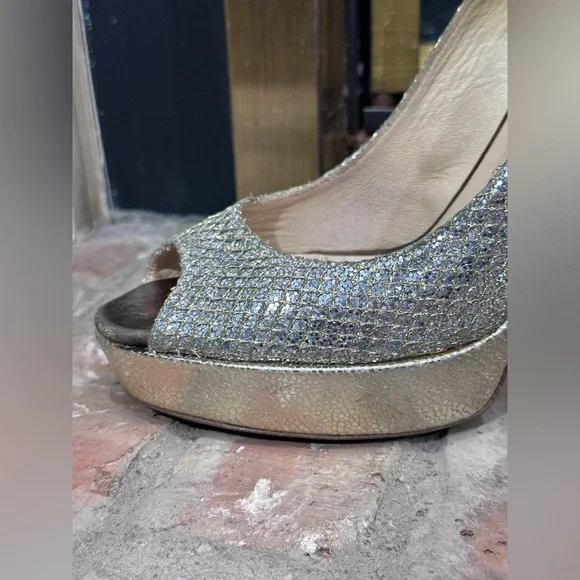 Jimmy Choo Glitter Platform Heels Size 38 EU /8 US Gold Silver Sparkle Stilettos - Picture 7 of 16